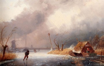 Une neige Paysage avec des patineurs sur une voie navigable gelée Charles Leickert Peinture à l'huile